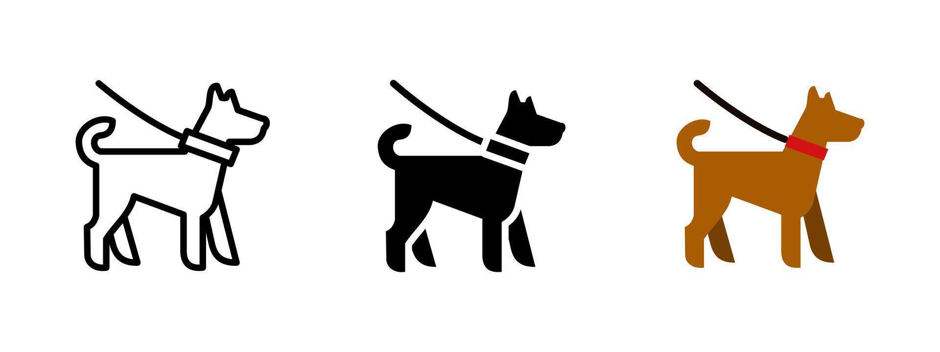 Dog icon. Standing dog on a leash with collar illustration. Symbol of pet walking, obedience or domestic animal handling sign. Suitable for parks or public area pictogram. vector