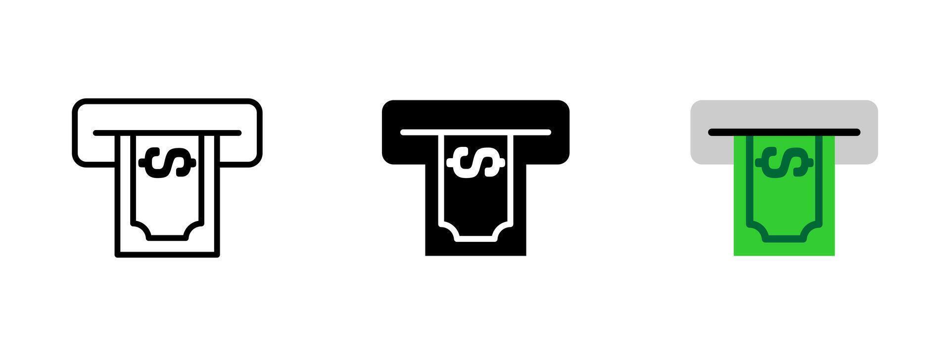 Atm icon. Dollar banknote emerging from cash machine slot illustration. Represents cash withdrawal and financial transaction symbol. Banking and payment interfaces sign. Currency pictogram. vector