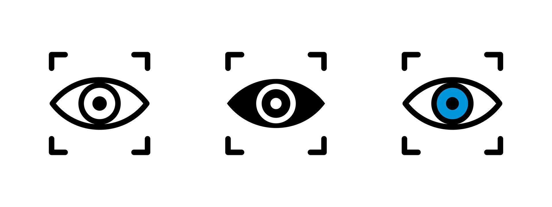 Eye icon. Human eye with scanning frame symbol illustration. Used in biometric identification, retina scan, and facial recognition systems symbol. Surveillance and security tech pictogram. vector