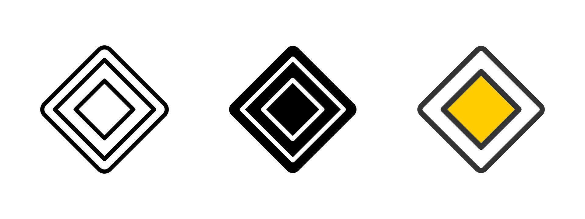 Priority road icon. Diamond-shaped traffic sign with central yellow square illustration. Indicates main road and right of way symbol. Used in navigation and traffic regulation sign. vector