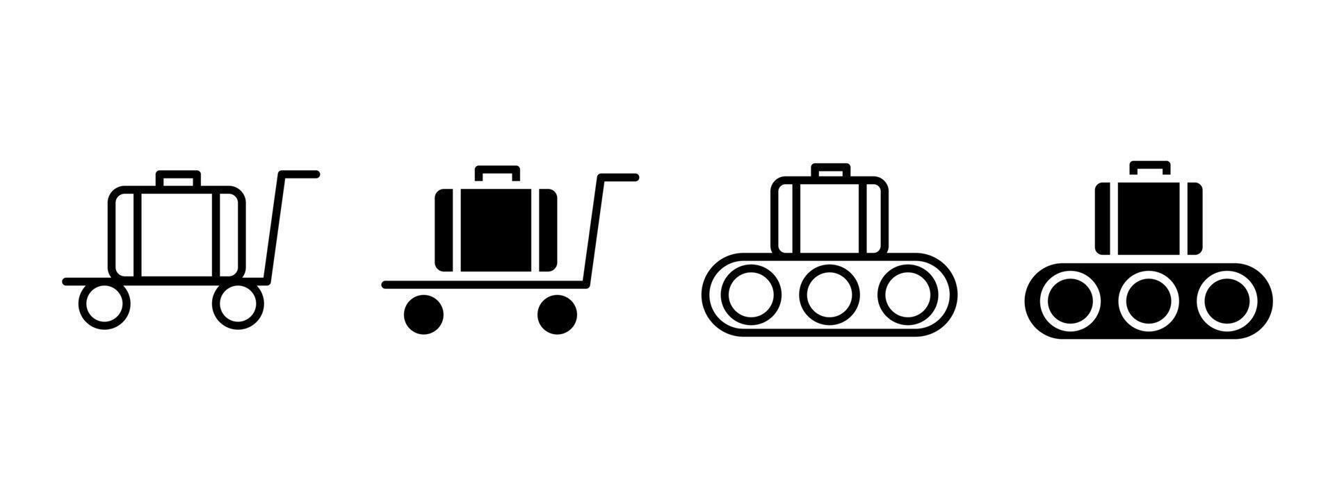 Luggage icon. Suitcase on trolley and conveyor belt illustration. Represents baggage transport and airport handling symbol. Suitable for travel, tourism, and logistics pictogram. vector