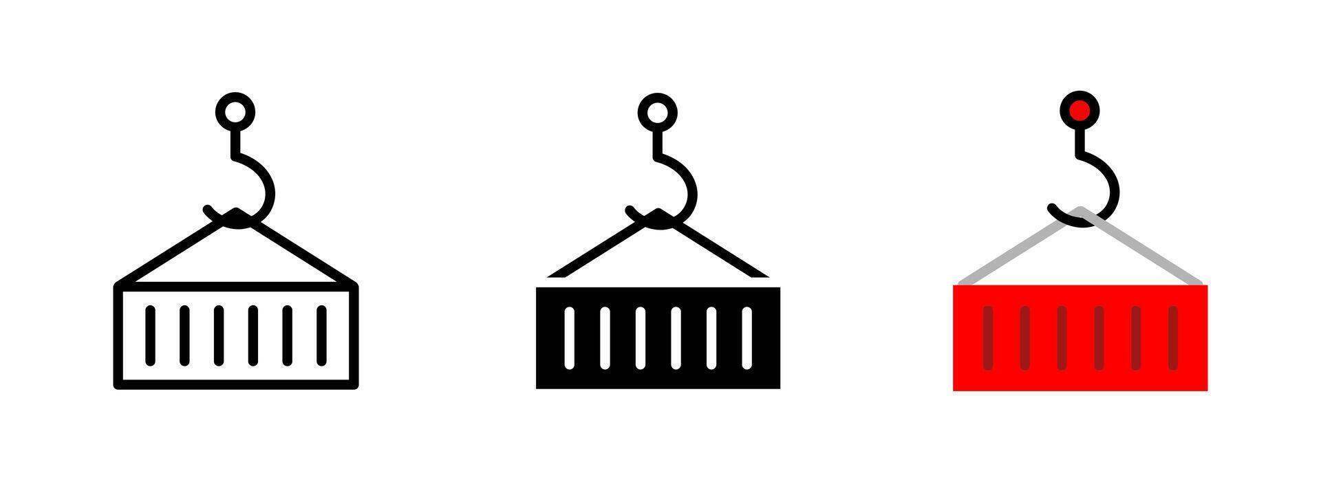 Crane container icon. Industrial hook lifting a rectangular cargo box illustration. Shipping and logistics symbol for freight handling. Port and transport machinery pictogram. vector