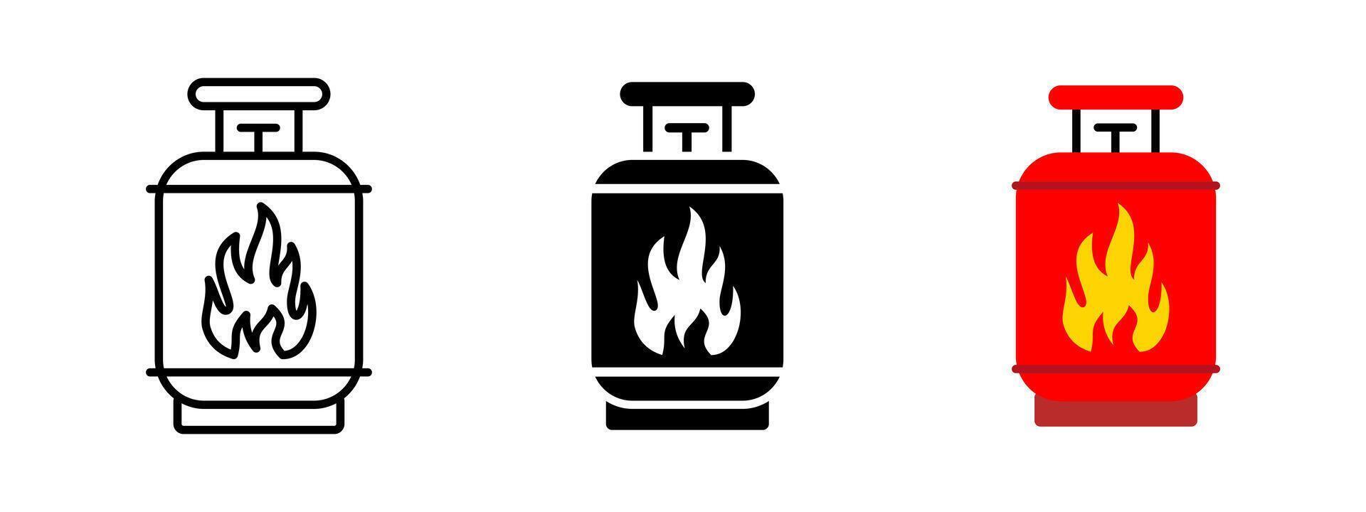 Gas cylinder icon. Propane cylinder with flame symbol in center illustration. Flammable fuel container used for cooking and heating symbol. Gas tank safety and warning sign pictogram. vector
