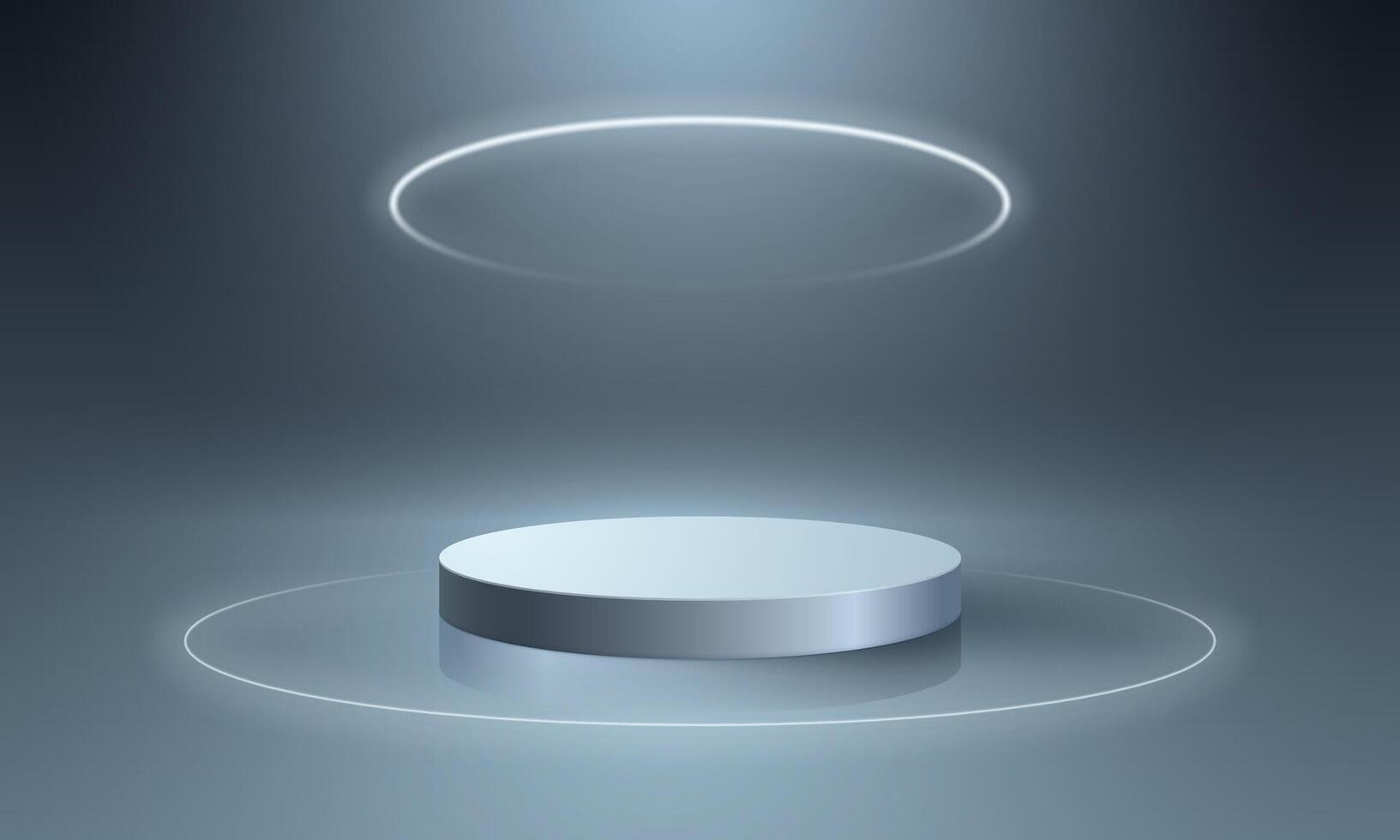 Empty round podium on dark blue background with neon effects and reflections. Modern technological design concept. vector