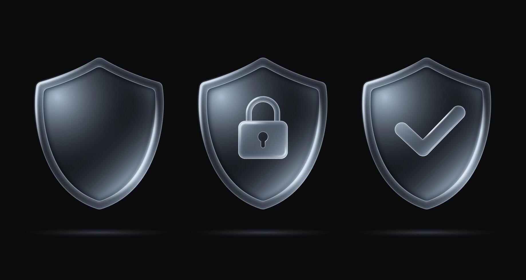 Security shield signs with lock and check mark, safety and protection symbols in glass liquid style isolated on dark background. vector