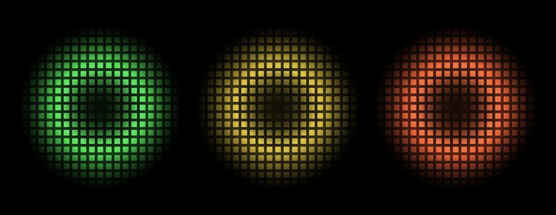 Collection of round glowing bright lanterns behind square grid. vector