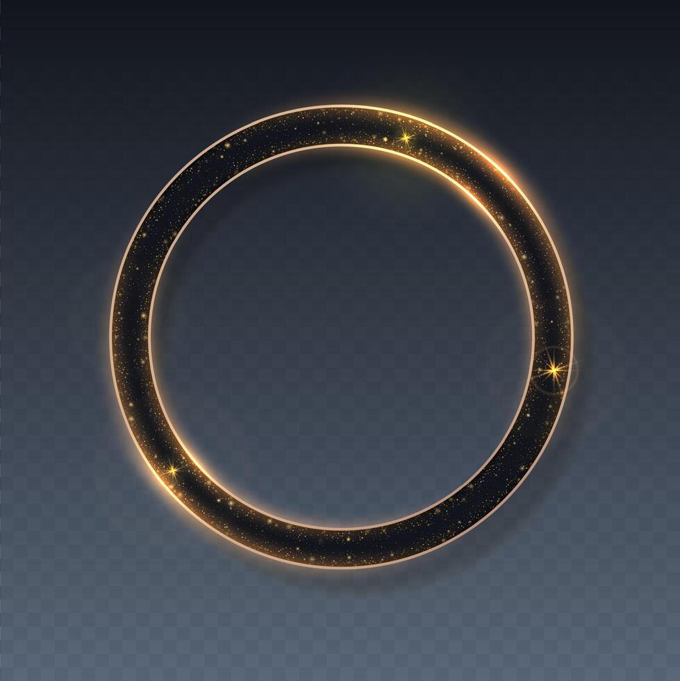 Golden bright frame with circular light effect and galaxies with stars. vector
