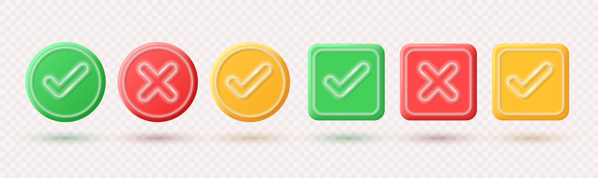 Realistic check mark and cross icons of round and square shapes in 3D style with neon elements. vector