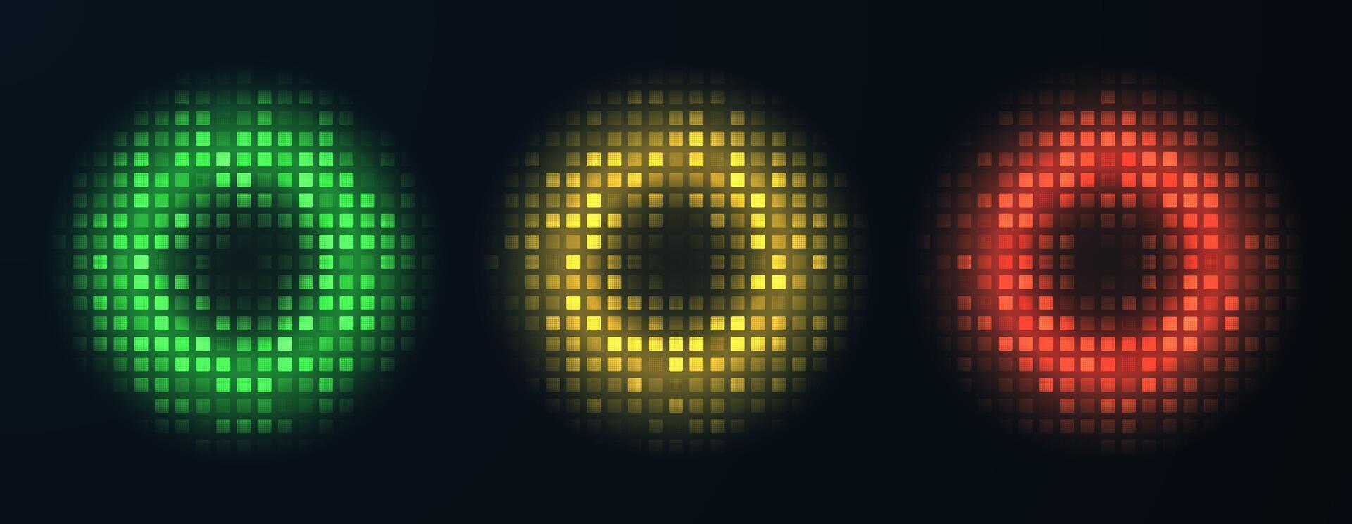 Collection of round glowing bright circles consisting of square mesh elements isolated on dark background. vector