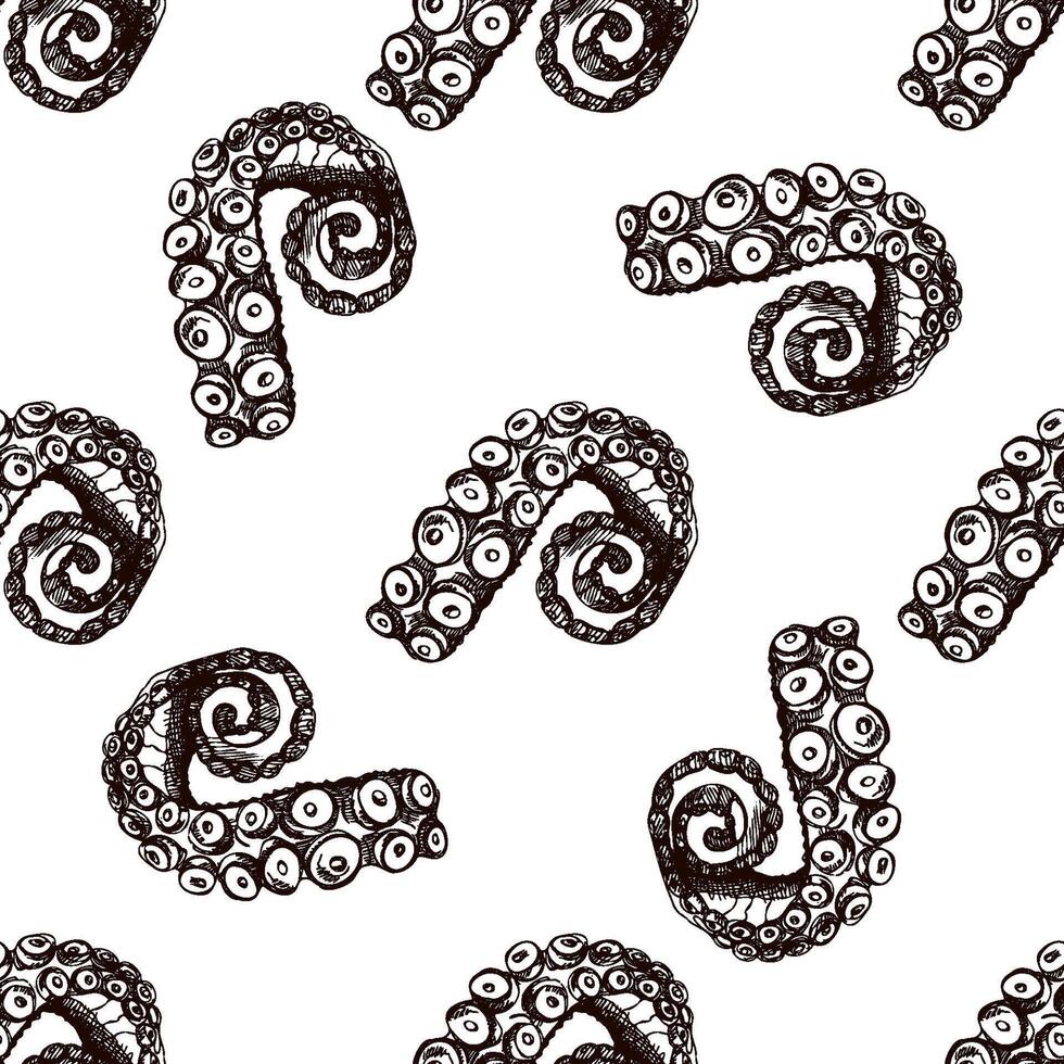 Hand drawn vintage seamless pattern of curled octopus tentacles in brown ink engraving style, marine sketch illustration vector