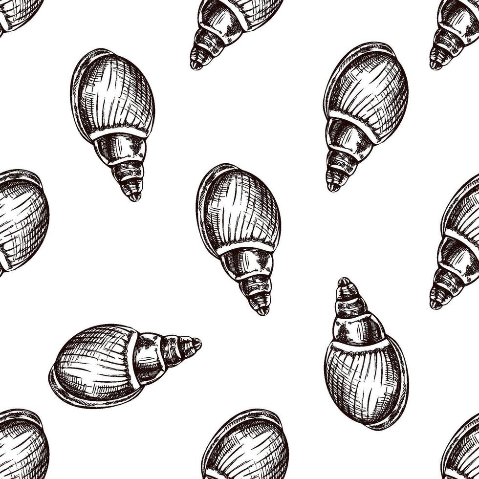 Hand drawn vintage seamless pattern of oval seashell with spiral tip in brown ink marine engraving style vector