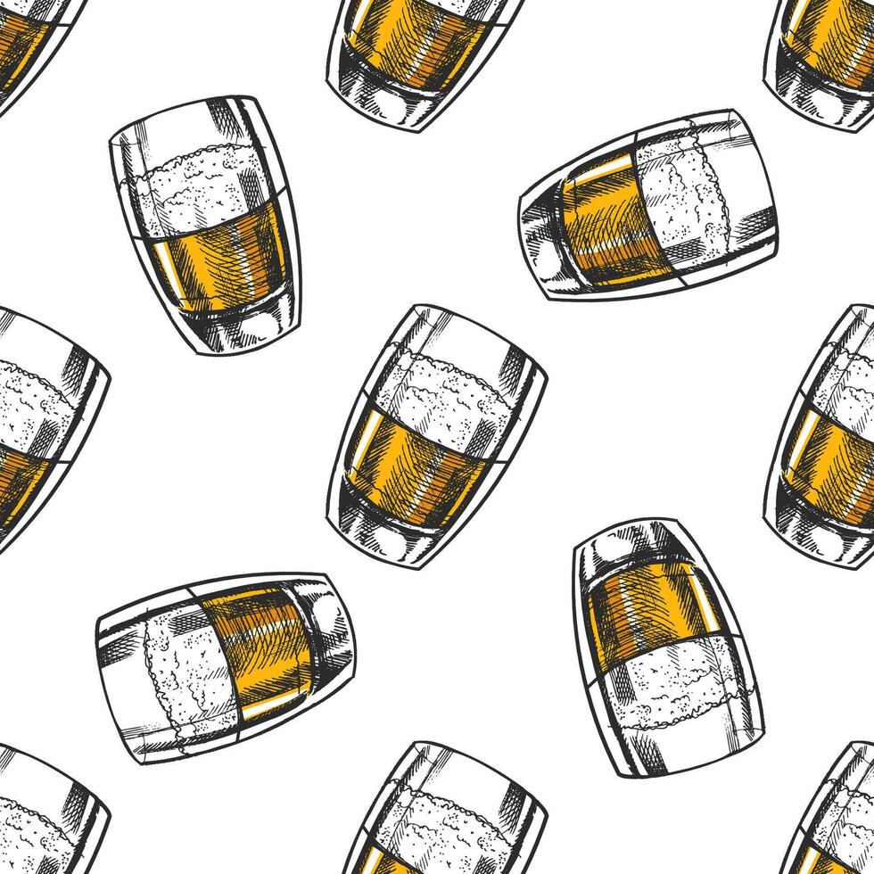 Seamless pattern with hand drawn vintage beer glasses in engraving style with yellow color on white background vector