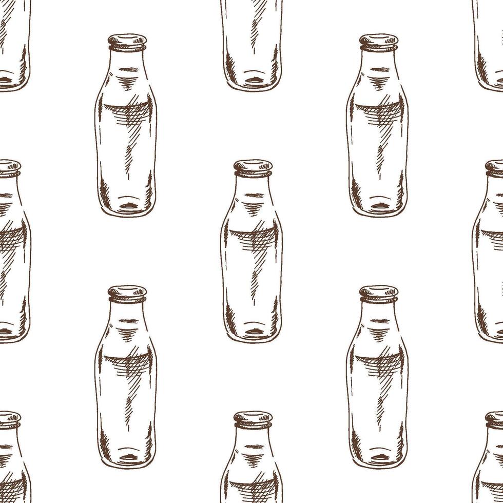 Hand drawn vintage seamless pattern of retro milk bottles in brown ink sketch style, classic engraving design vector