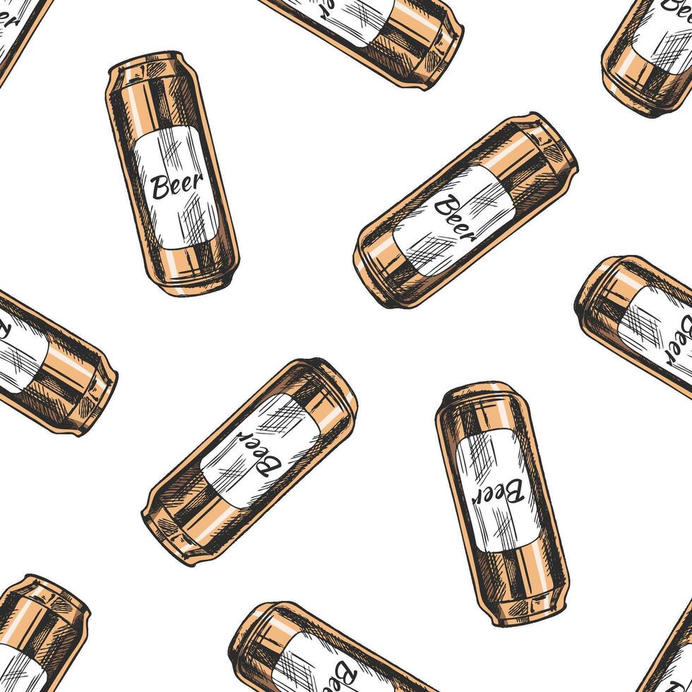 Hand-drawn seamless pattern with vintage beer cans in sketch engraving style and golden color vector