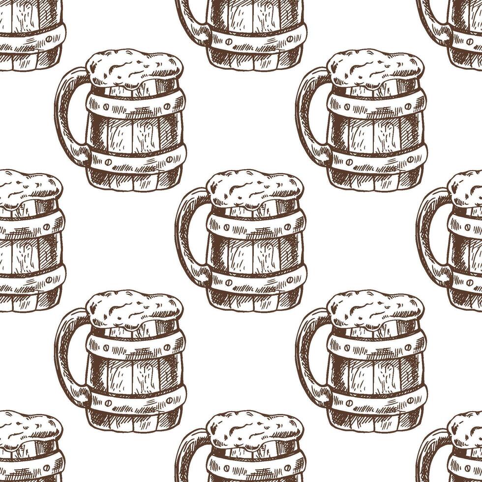 Hand drawn vintage seamless pattern of wooden beer mugs with foam in brown ink engraving sketch style vector