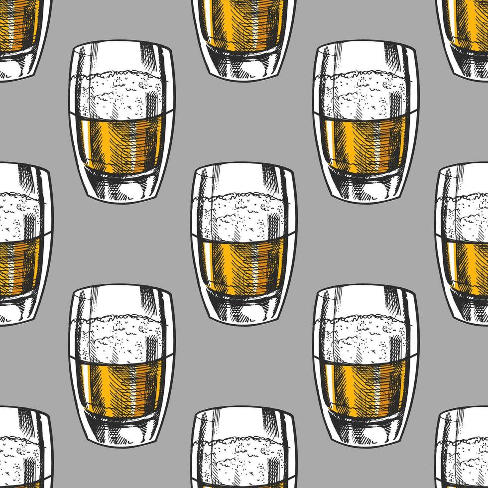 Seamless pattern with hand drawn vintage beer glasses in engraving style with amber color on gray background vector