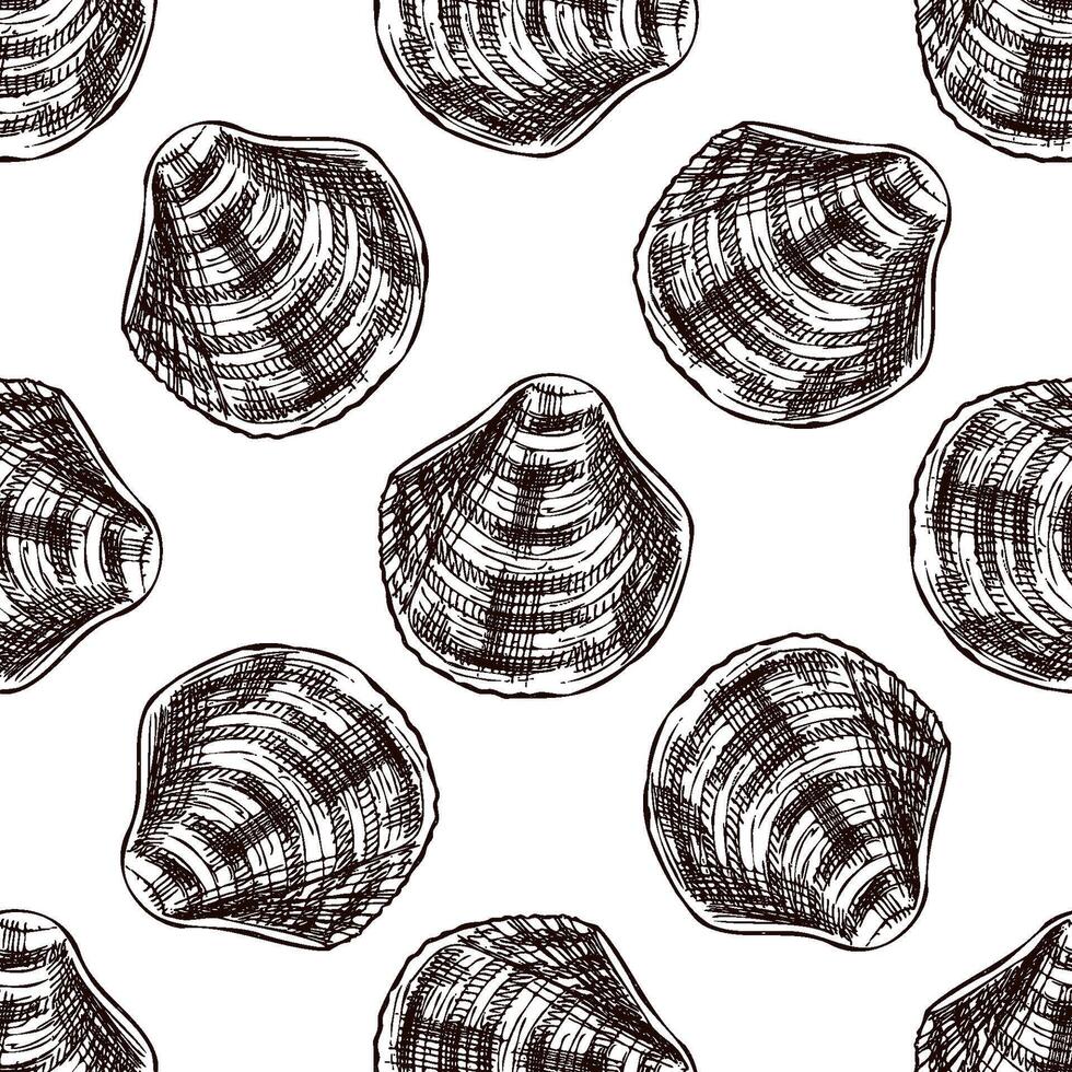Hand drawn vintage seamless pattern of scallop seashell in brown ink engraving style, coastal sketch illustration vector