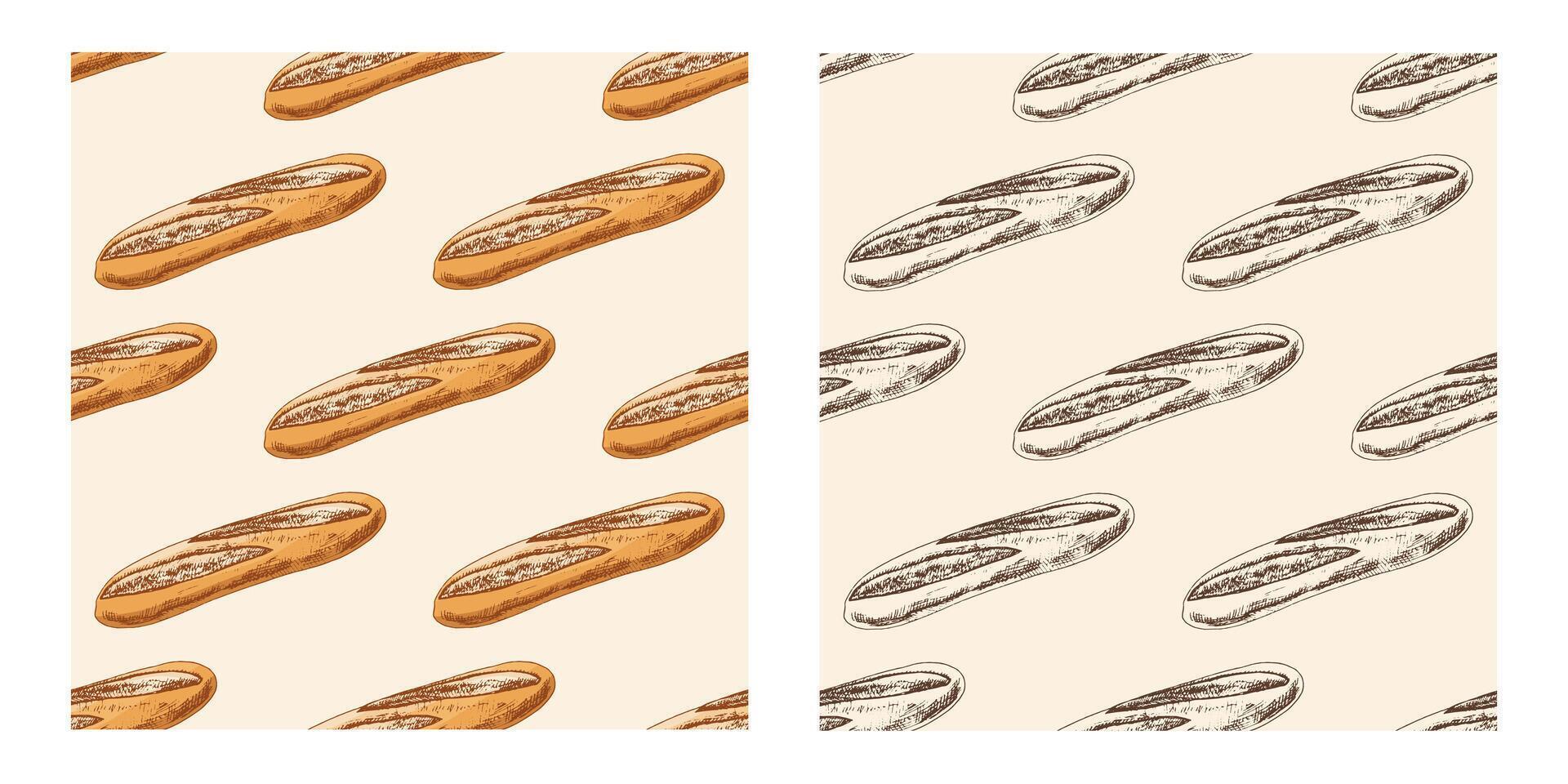 Hand drawn vintage seamless pattern of french baguette in engraving style, in color and monochrome version vector