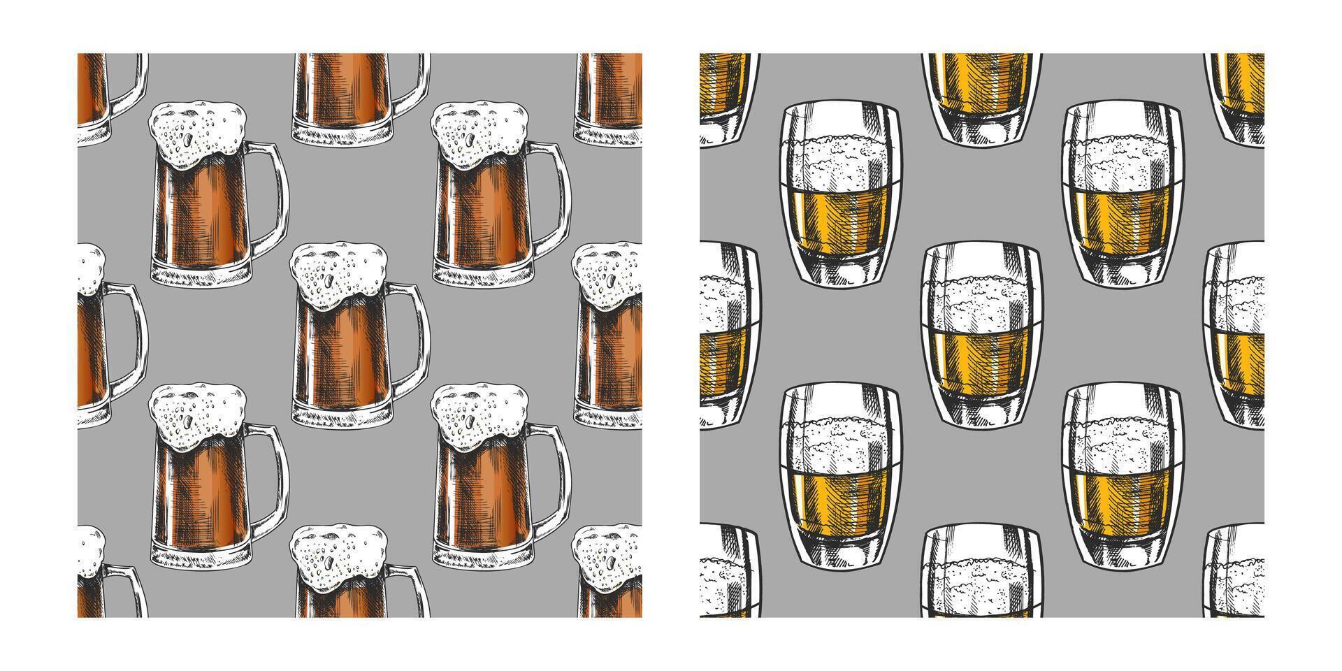 Hand drawn vintage seamless pattern of beer mugs and pint glasses in engraving style on gray background vector