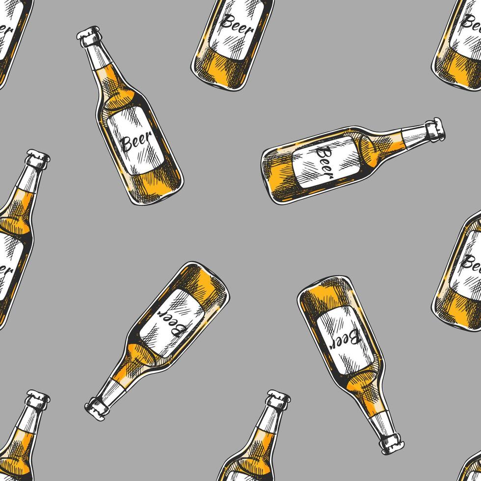 Hand drawn vintage pattern with rotated beer bottles in engraving style and yellow color on gray background vector
