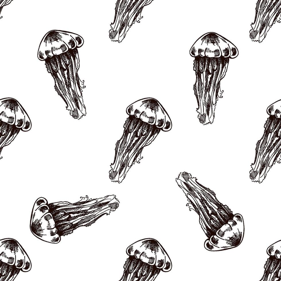 Hand drawn vintage seamless pattern of jellyfish in brown ink engraving style, elegant marine sketch illustration design vector