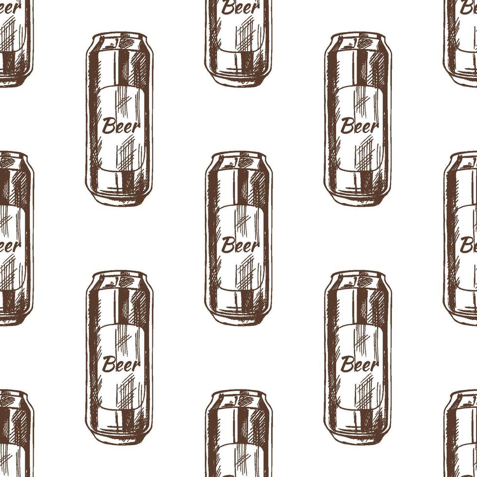 Hand drawn vintage seamless pattern of beer cans with label in brown ink, classic retro engraving style vector