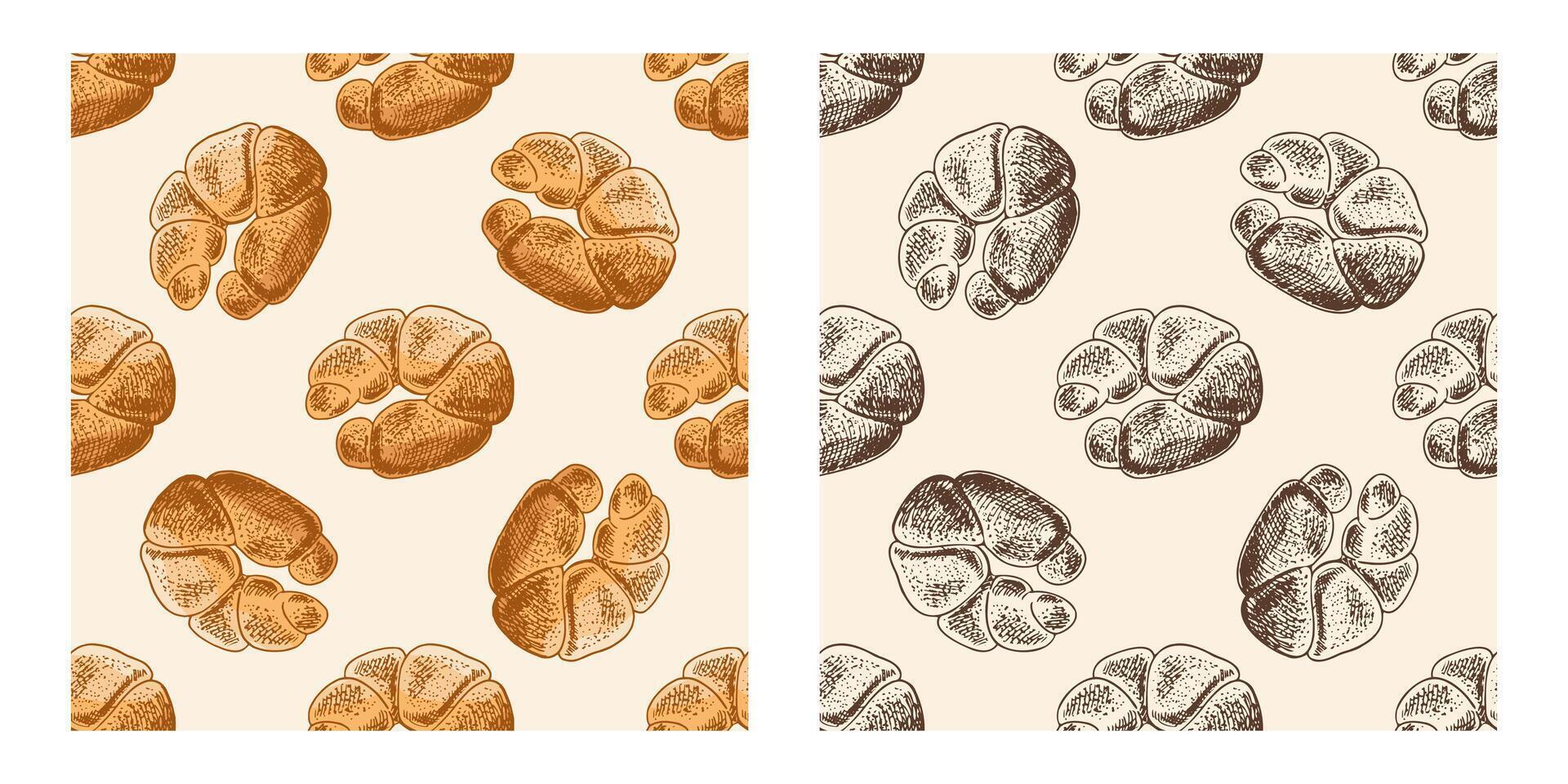 Hand drawn seamless pattern of croissant pastry in engraving style, colored version on beige background vector