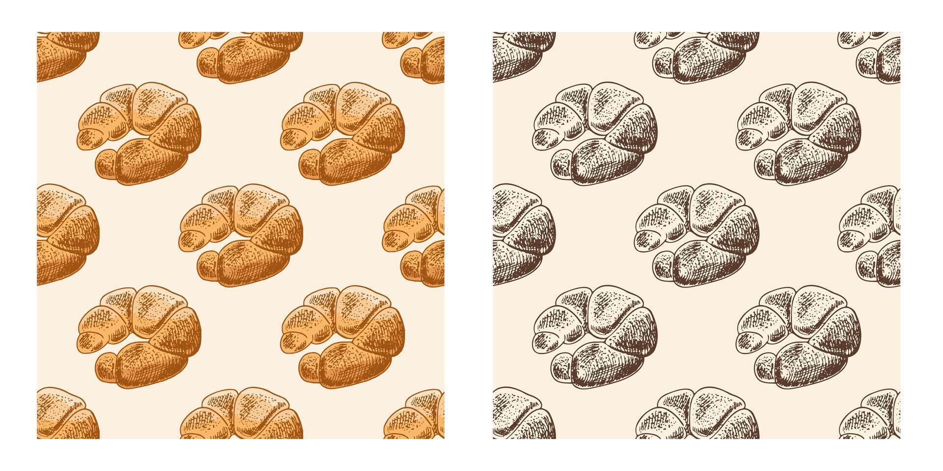 Hand drawn vintage seamless pattern of croissant pastry in engraving style, colored version on beige background vector