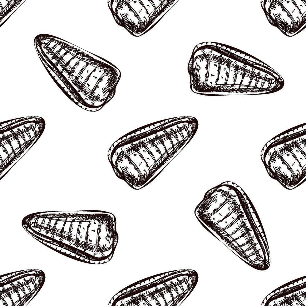 Hand drawn vintage seamless pattern of triangular seashell in brown ink engraving style, coastal marine sketch illustration vector