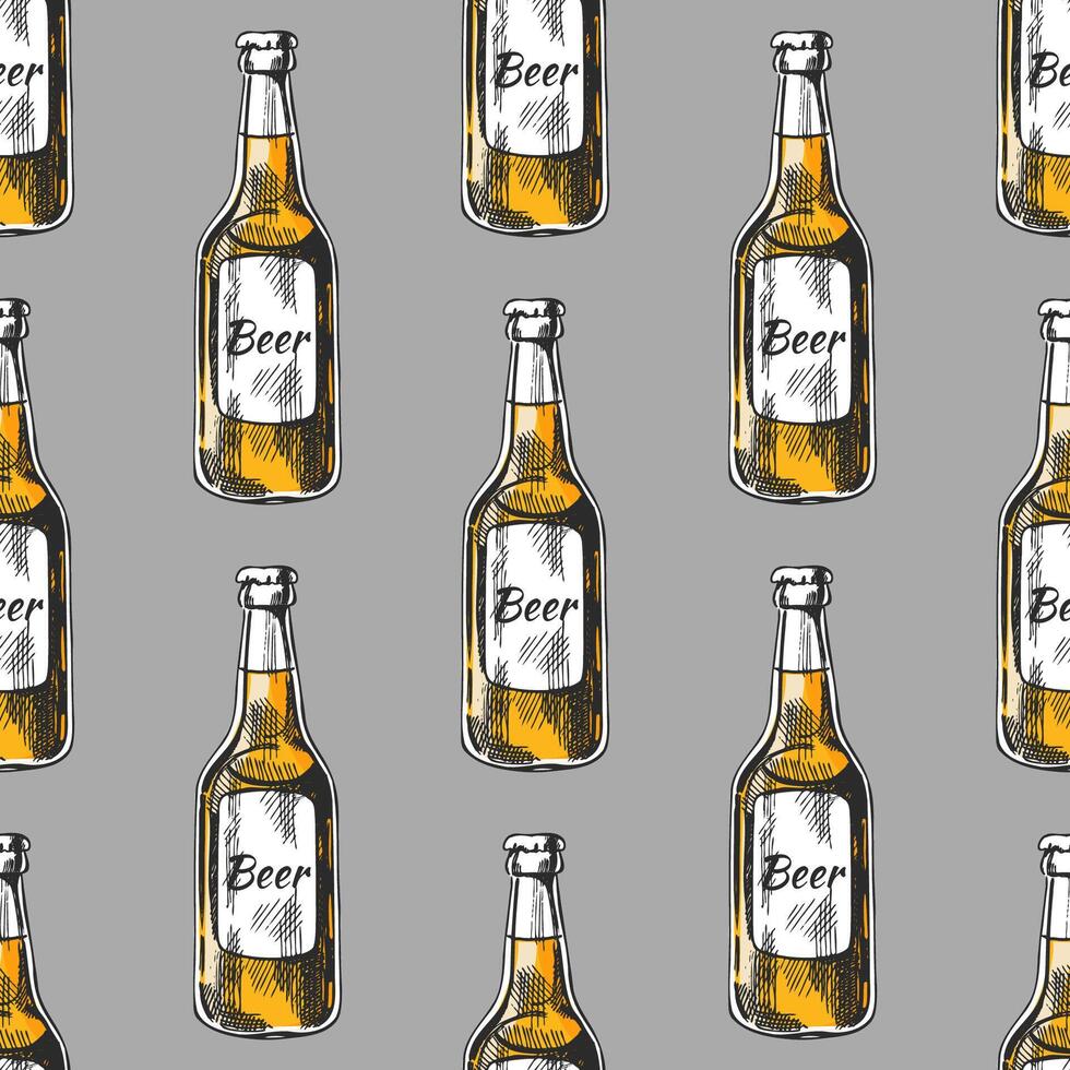 Hand drawn vintage sketch of beer bottles in engraving style with yellow accents on gray background, seamless pattern vector