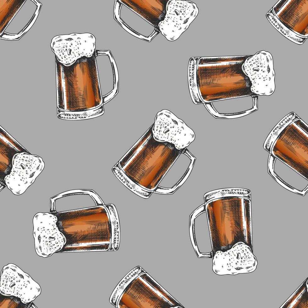 Seamless pattern with hand-drawn vintage beer mugs in engraving style and amber color on gray background vector