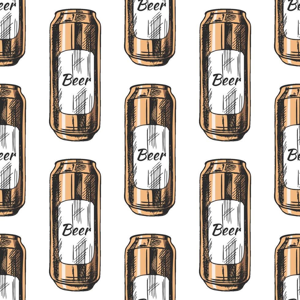 Hand-drawn seamless pattern with vintage beer cans in sketch engraving style and golden color on white vector