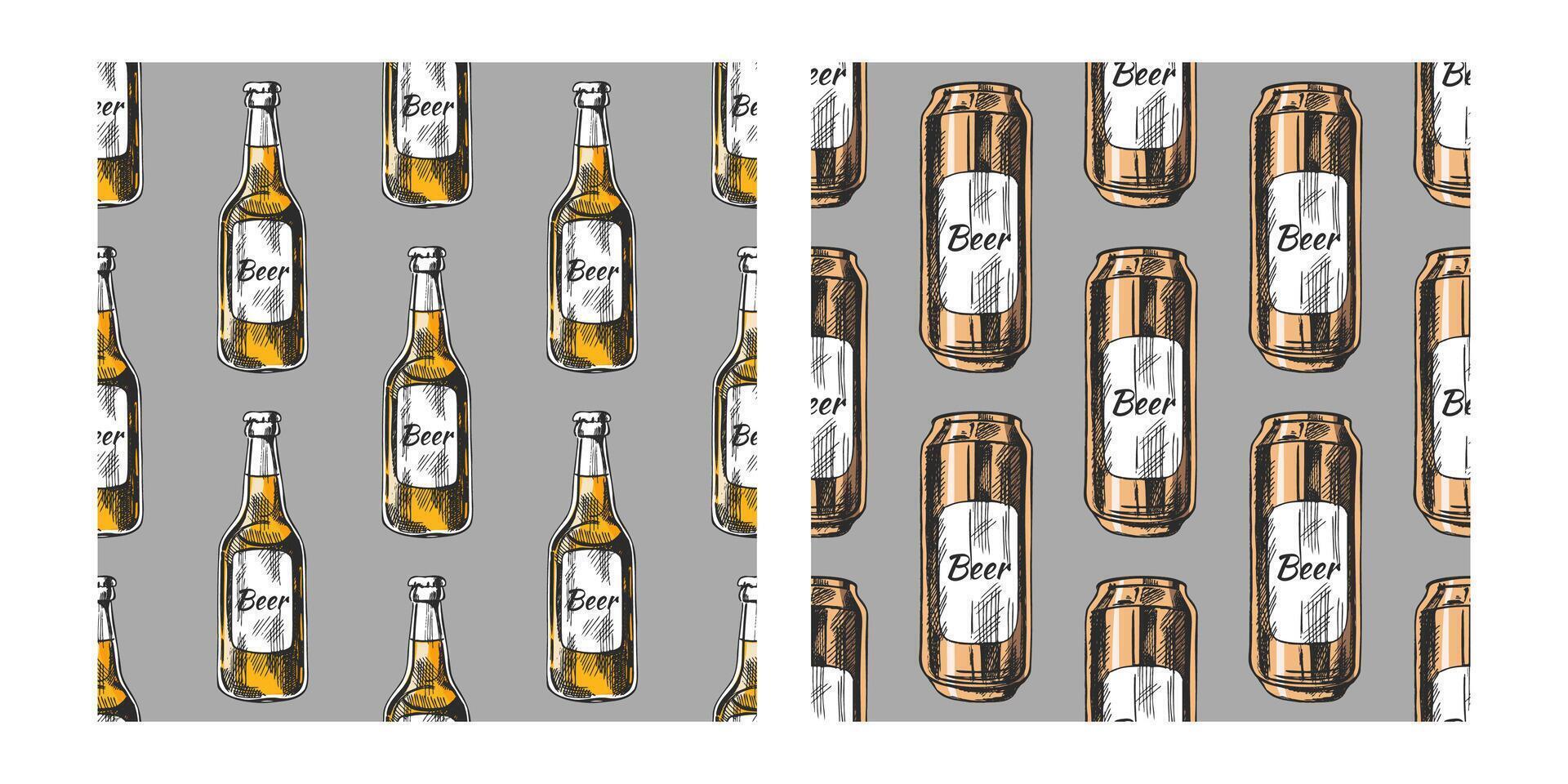 Hand drawn vintage seamless pattern of beer bottles and cans in engraving style on gray background vector