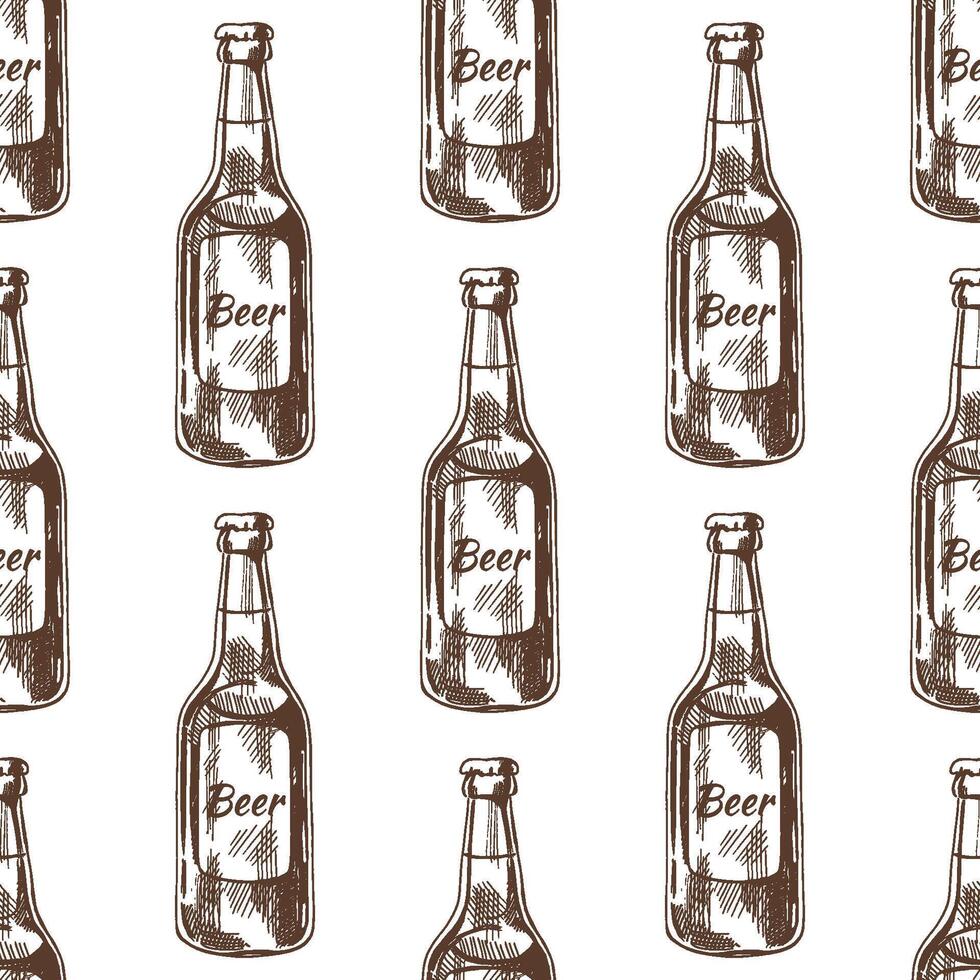 Hand drawn vintage seamless pattern of glass beer bottles with label, sketch style illustration in brown ink vector