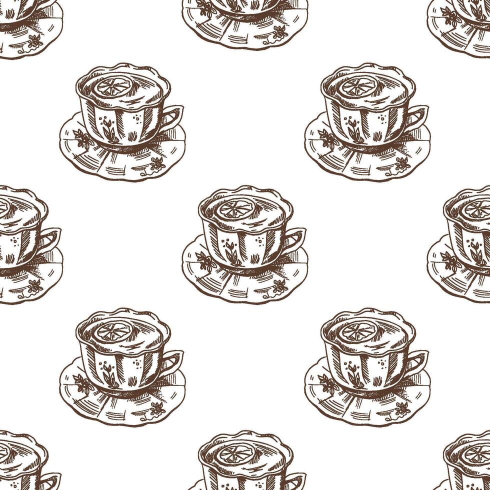 Hand drawn vintage seamless pattern of tea cups with lemon slices and saucers, brown ink engraving style vector