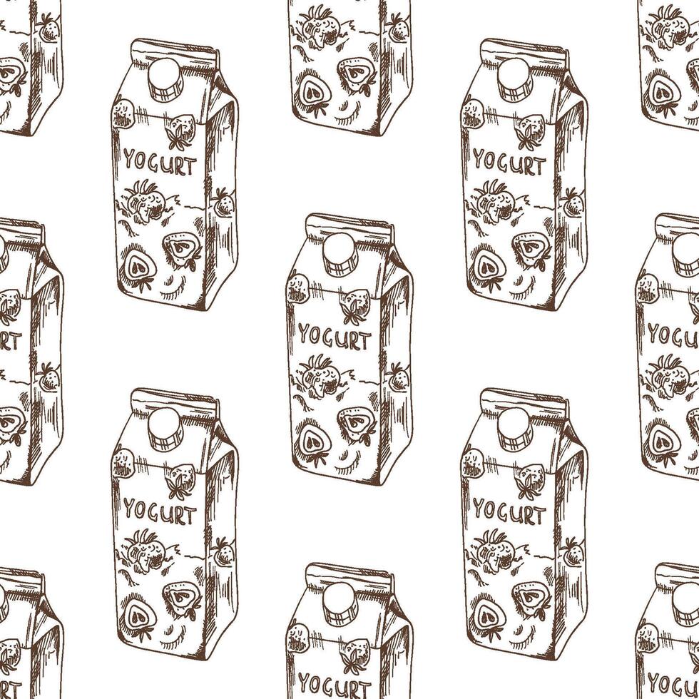 Hand drawn vintage seamless pattern of yogurt carton with berries and label, engraving style sketch in brown ink vector