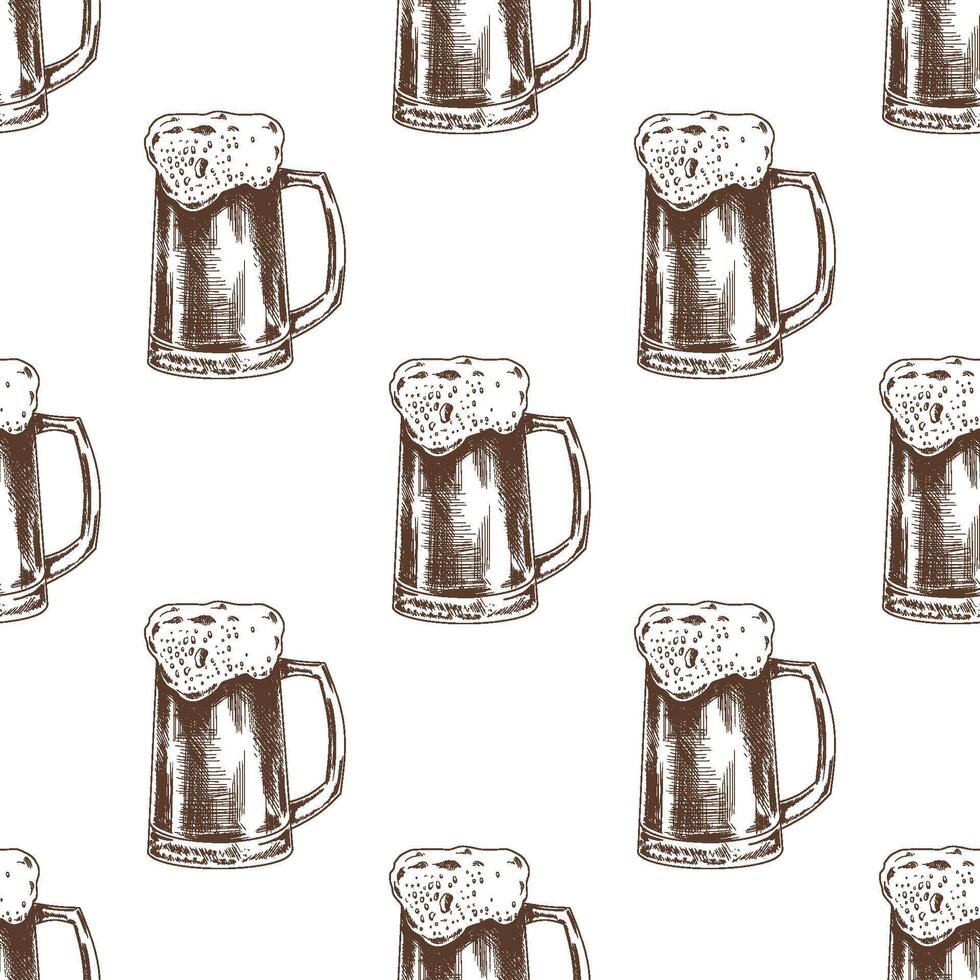 Hand drawn vintage seamless pattern of beer mugs with foam in engraving style, brown ink line sketch vector