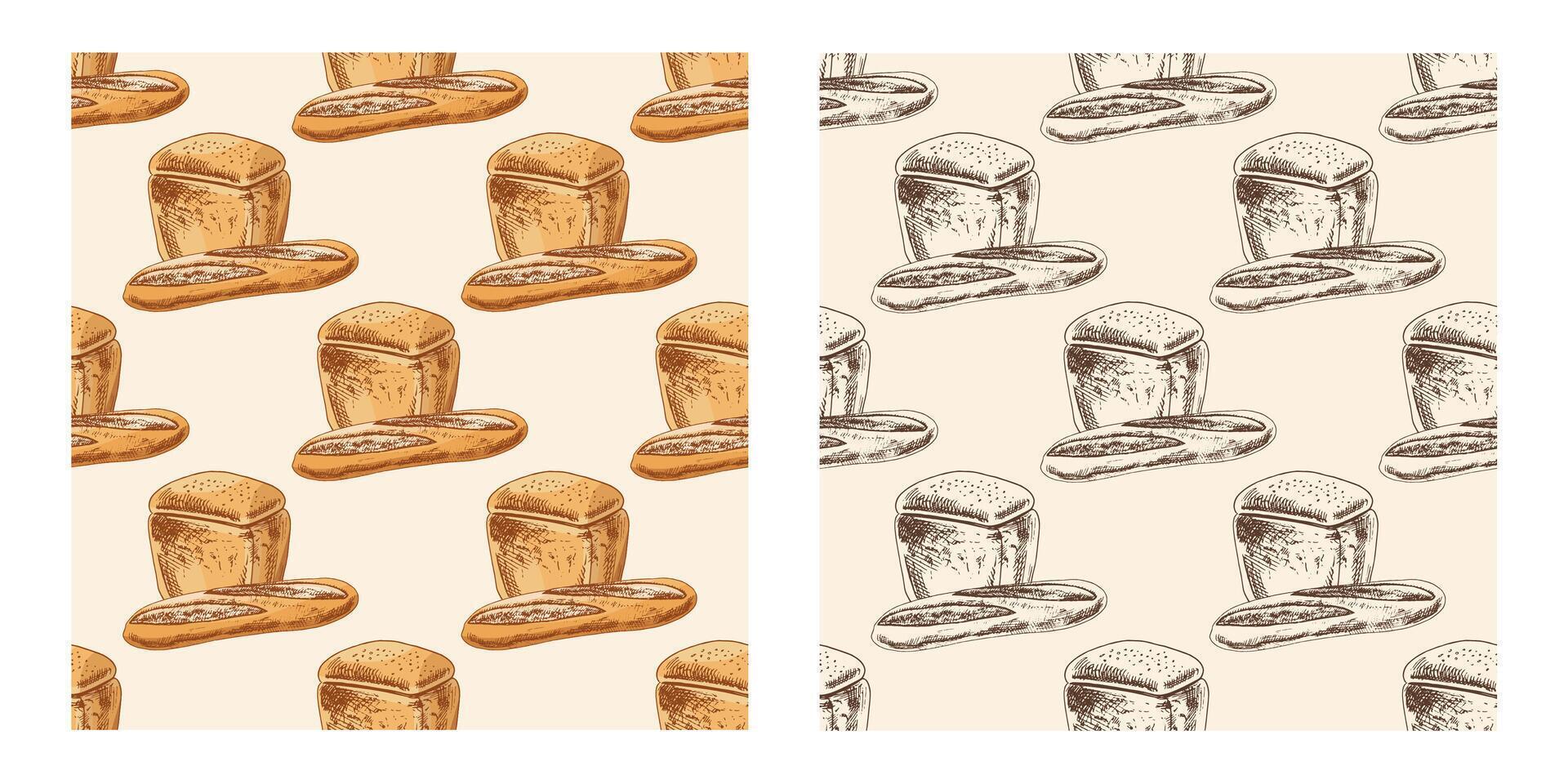 Hand drawn vintage seamless pattern of loaf and french baguette in engraving style, in color and monochrome version vector