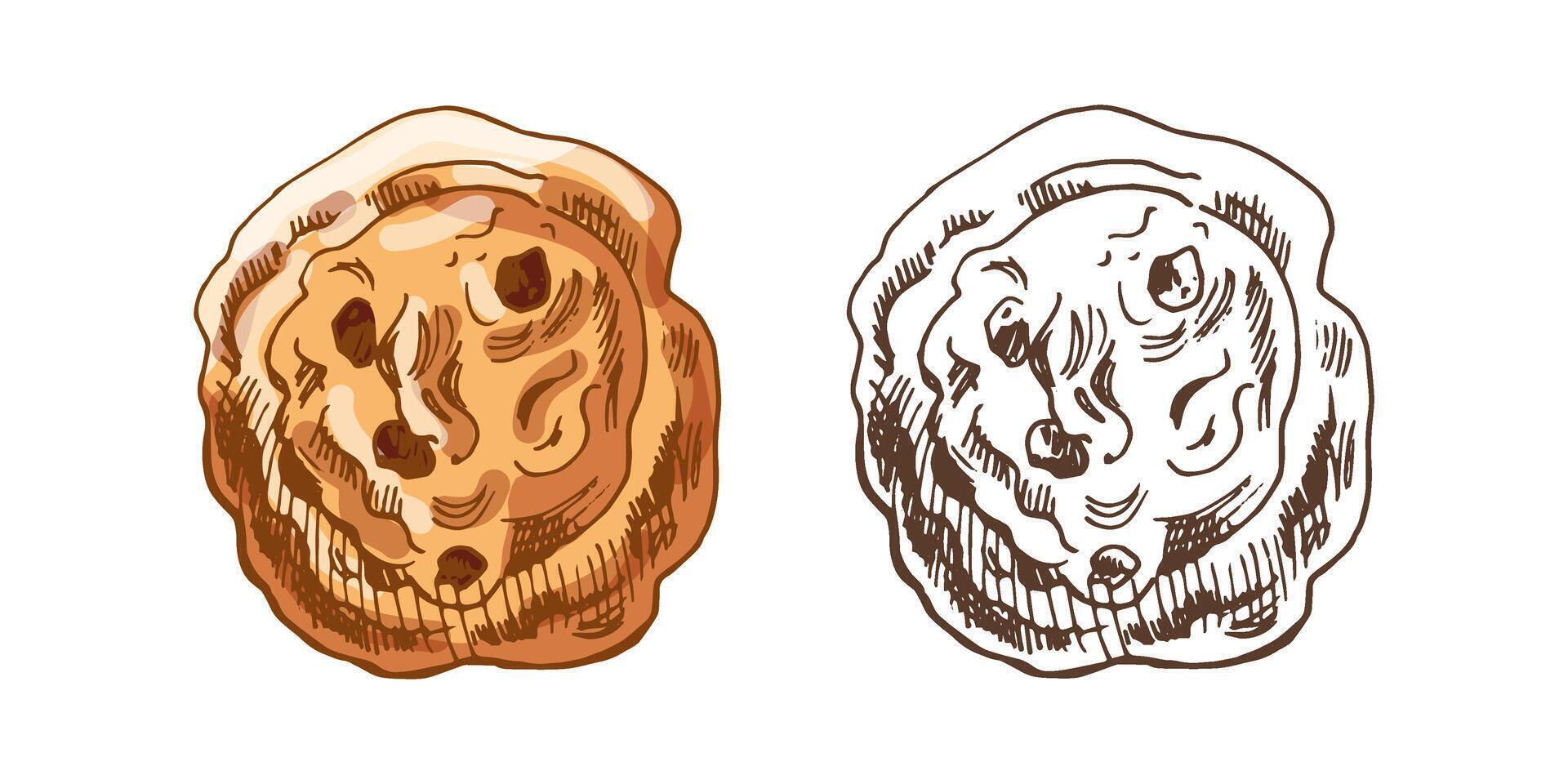 Hand drawn vintage sketch of cinnamon raisin bun in color and monochrome version, brown ink engraving style vector