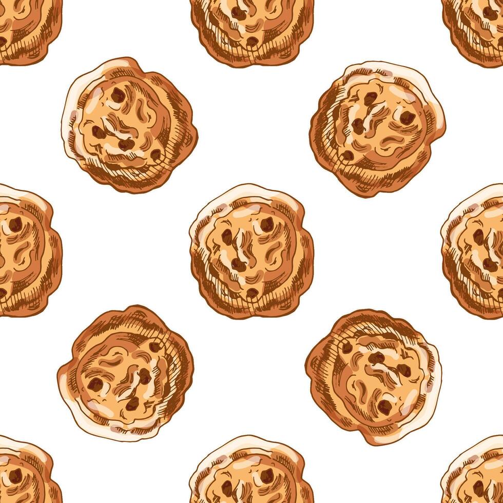 Hand drawn vintage seamless pattern of chocolate chip cookies in engraving style, colorful version vector