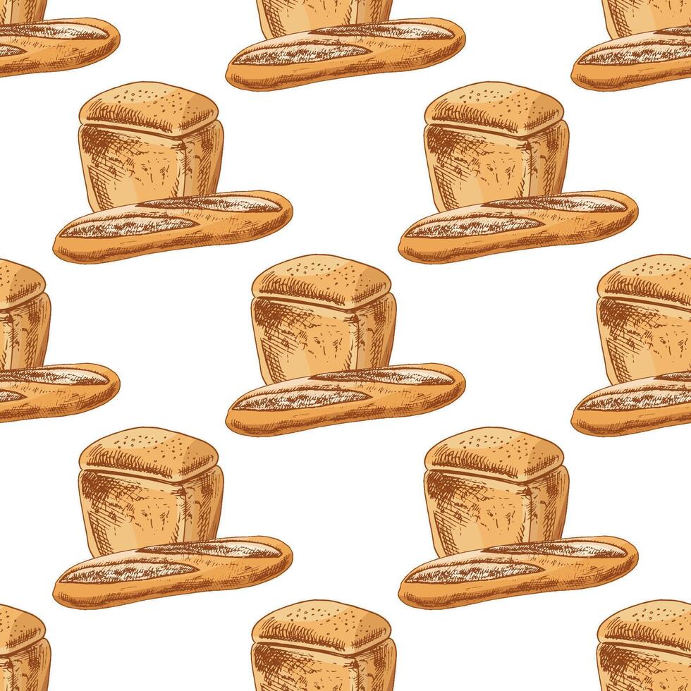 Hand drawn vintage seamless pattern of sliced loaf and bread in engraving style, colorful version on white background vector