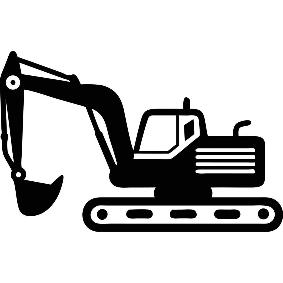 An excavator is shown in black and white vector