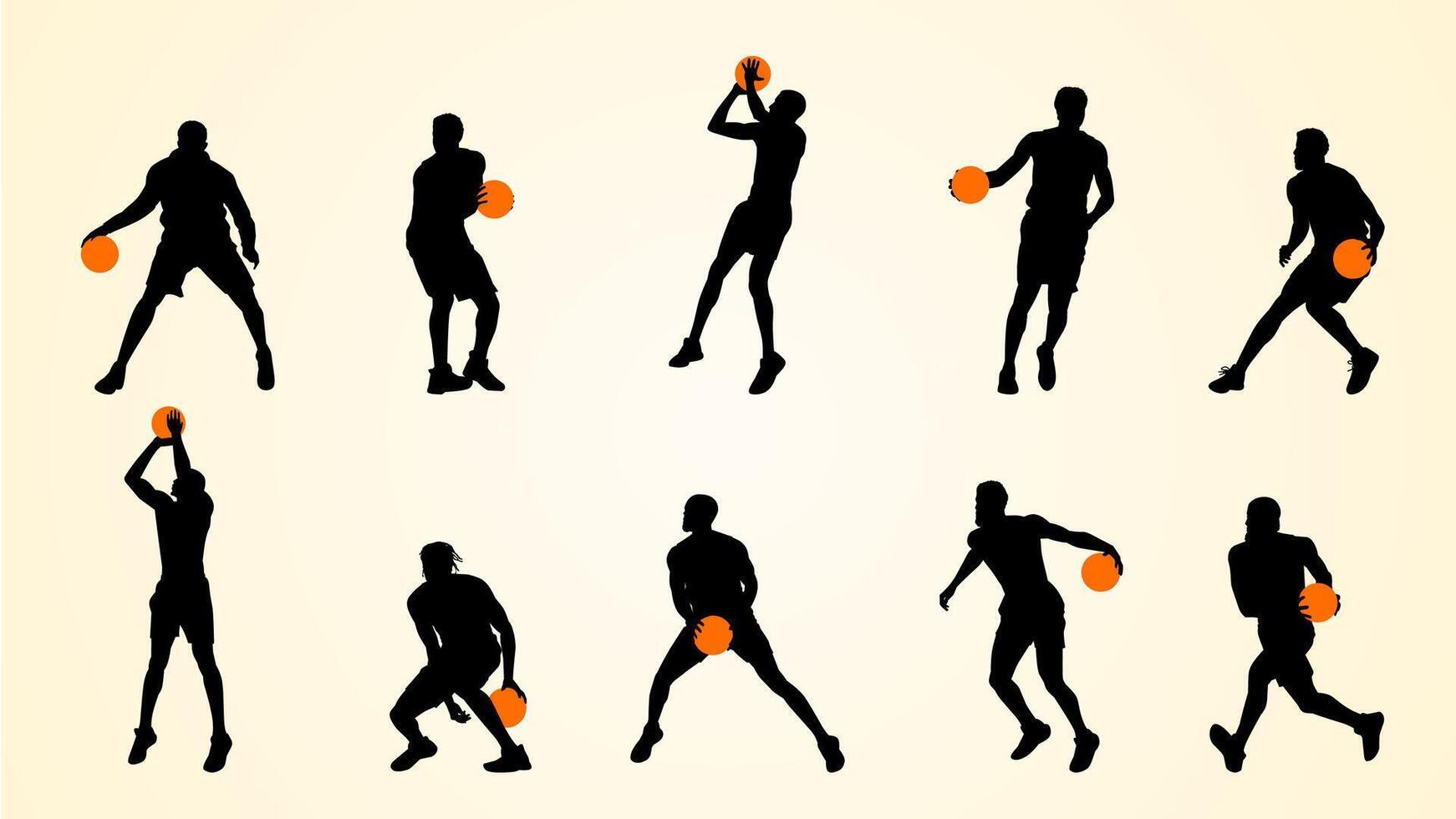 Silhouettes of basketball players in various dynamic poses with orange basketballs on a light background. vector