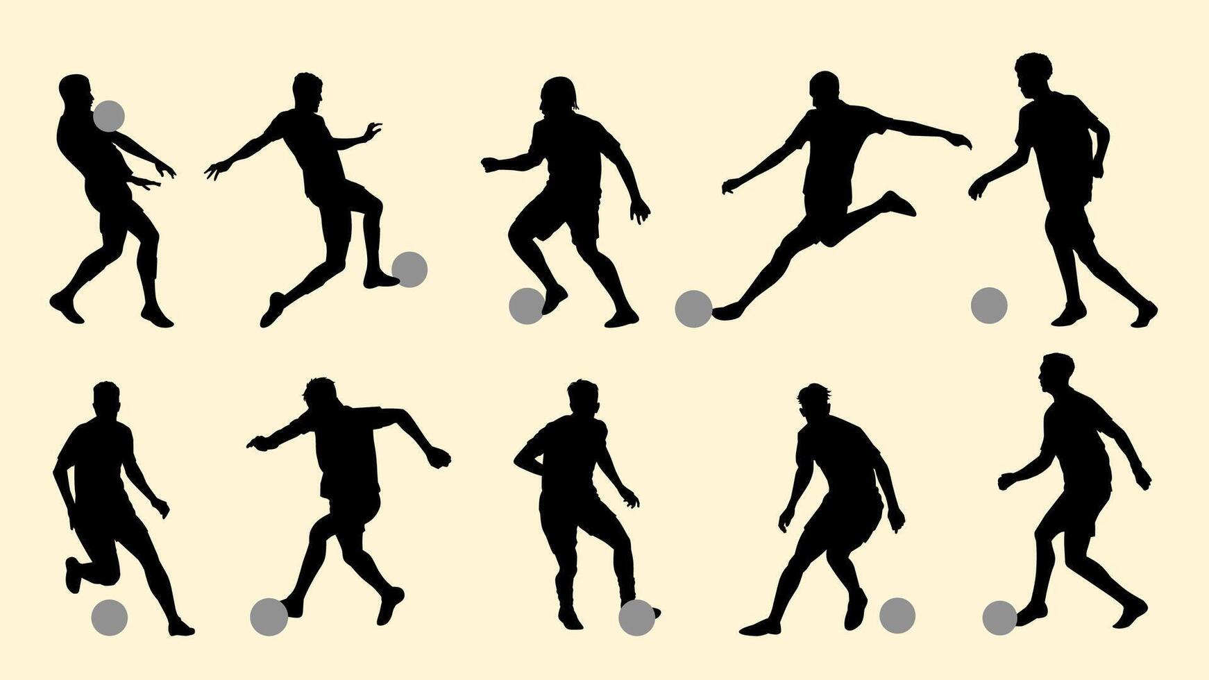 Silhouettes of soccer players performing various actions with a ball on a light background. vector