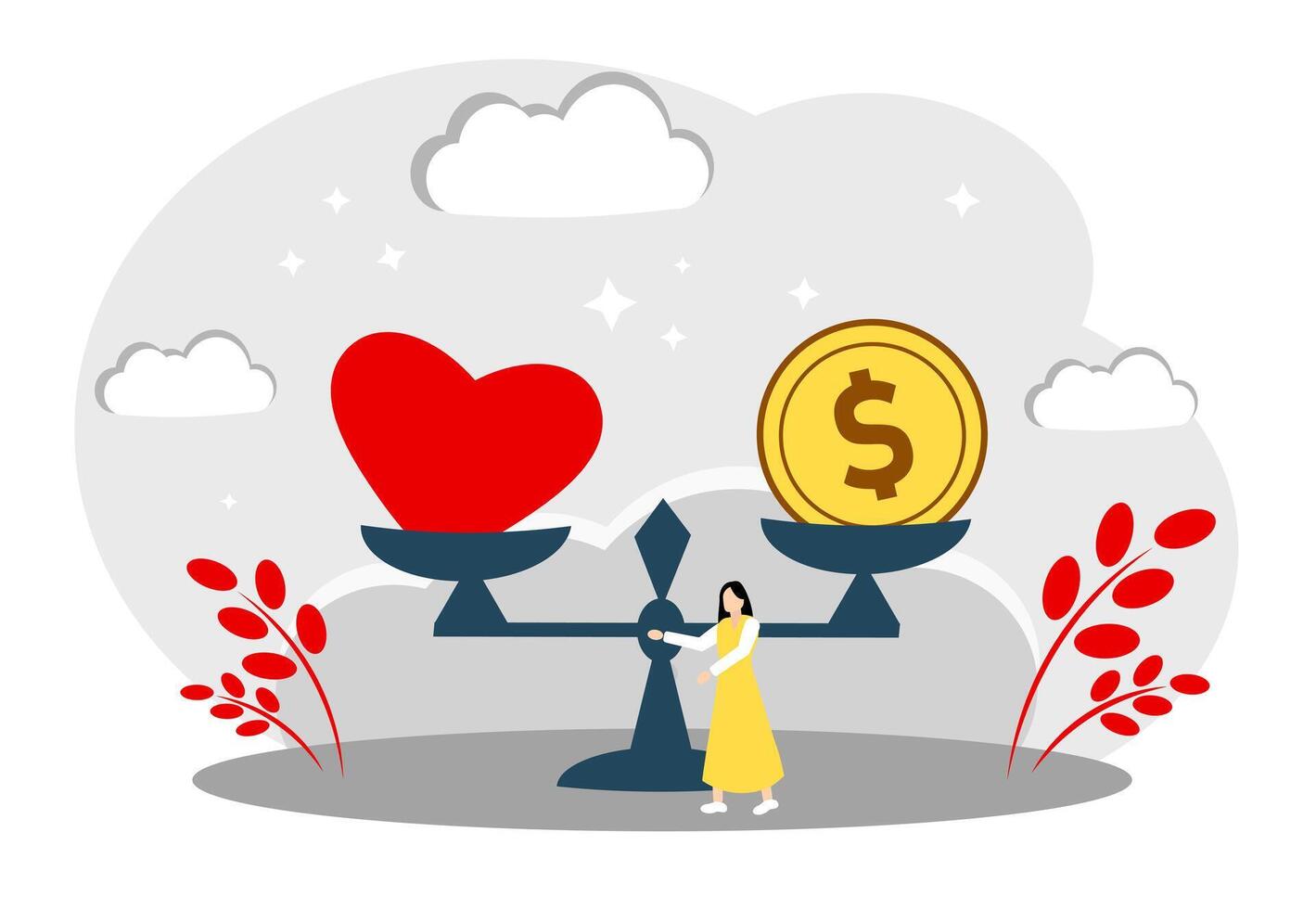 A woman chooses between a career and a family. The concept of choosing between love or money. Libra with a heart and a coin vector