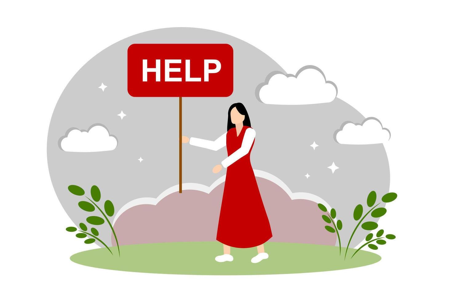 A woman with a poster, help. Asking for help. The concept of domestic violence and the protection of people's rights vector