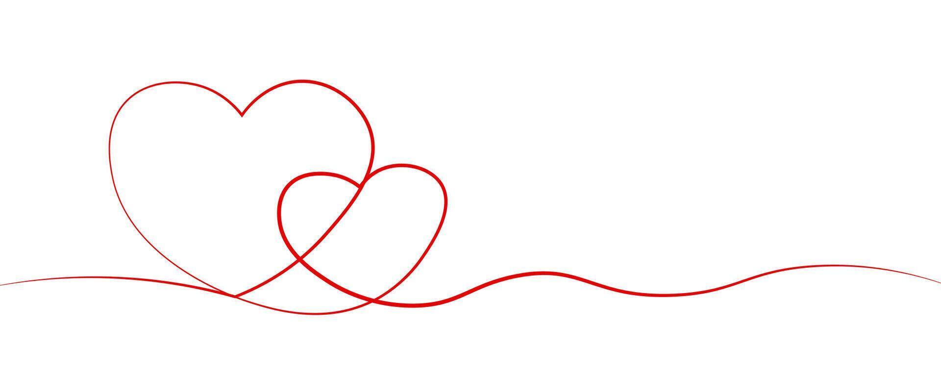 Two red Hearts Continuous One Line Drawing. Valentines day concept. vector