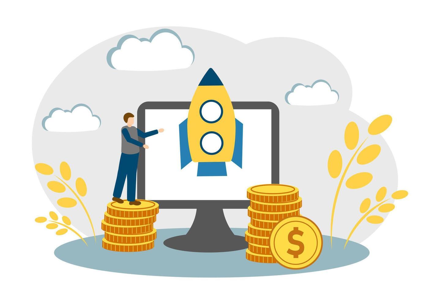 The concept of career growth, career prospects, earning money and a successful business. Computer and rocket vector