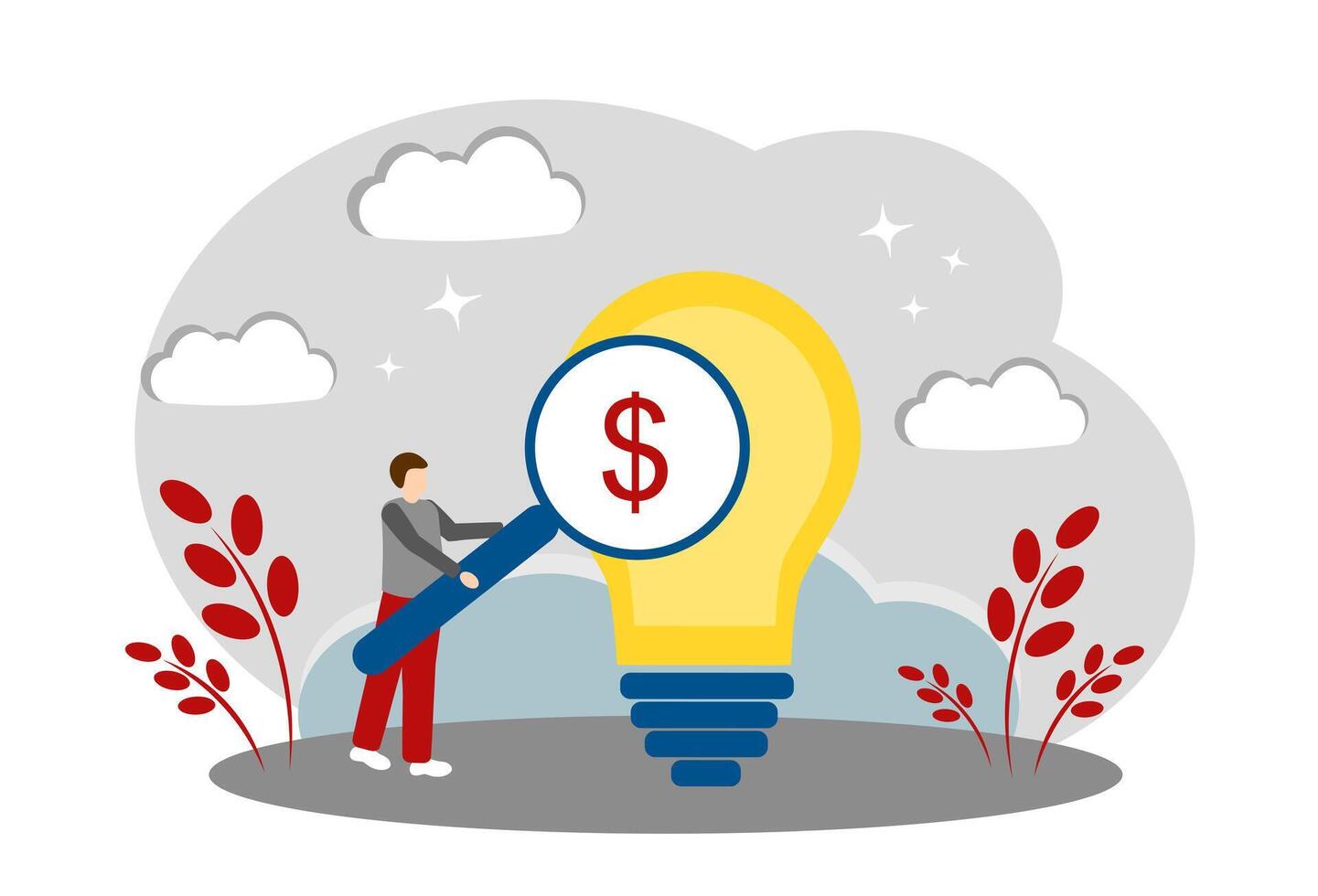 The concept of making money and a new idea. A man with a magnifying glass and a light bulb. The concept of a successful business vector
