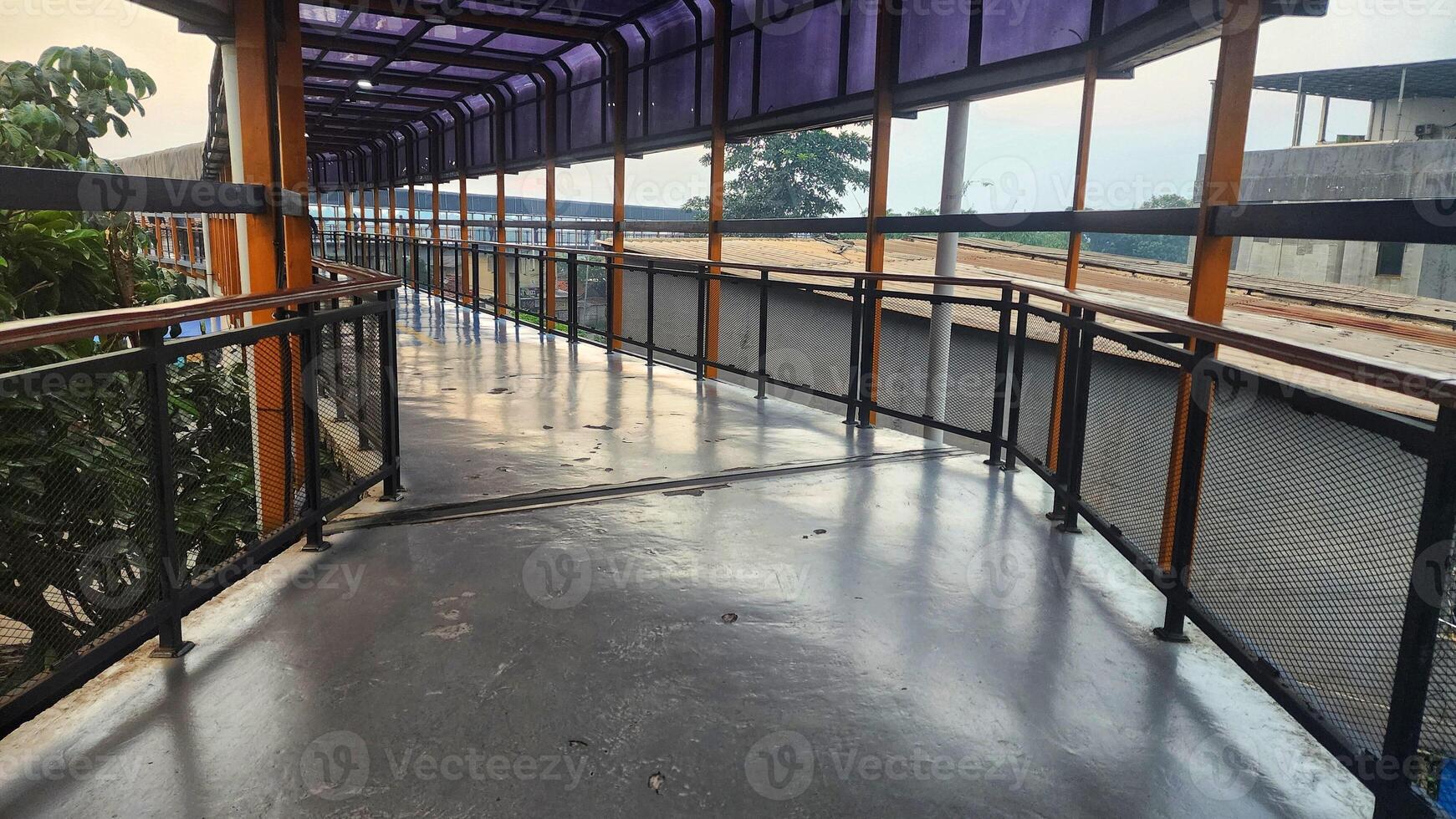 Elevated pedestrian bridge with metal railings and a covered walkway photo